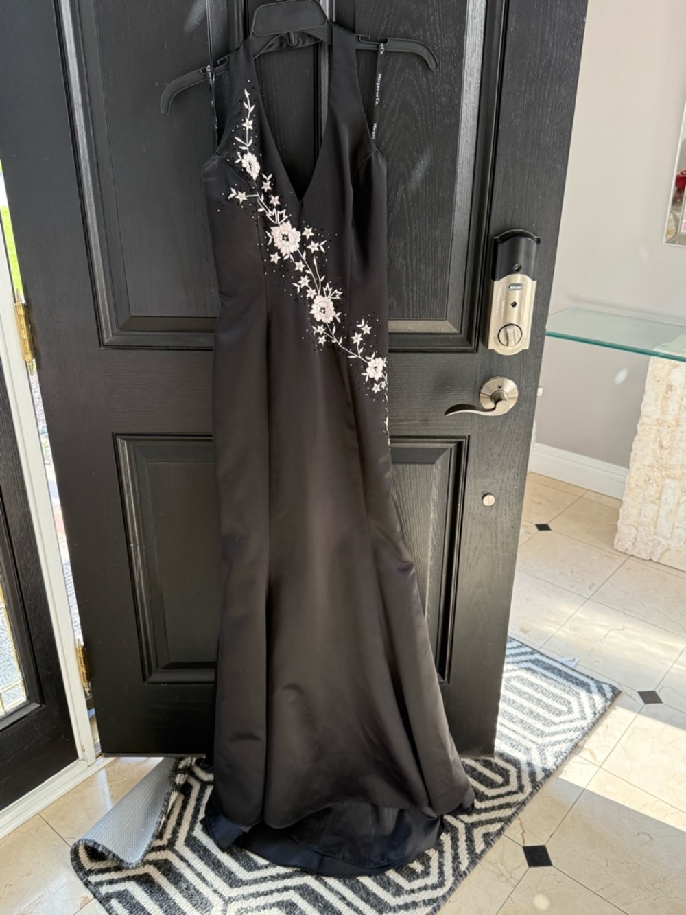 Black Halter Evening Gown with White Floral Embroidery